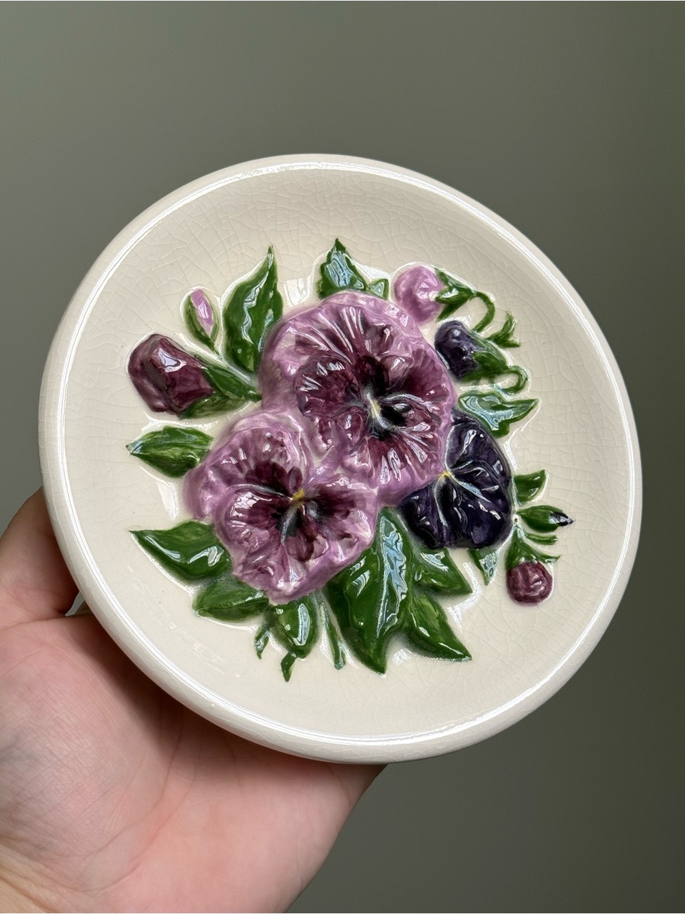 Vintage Violet Pansy Floral Hand Painted Handmade 3D Wall Ceramic Hanging Decor
